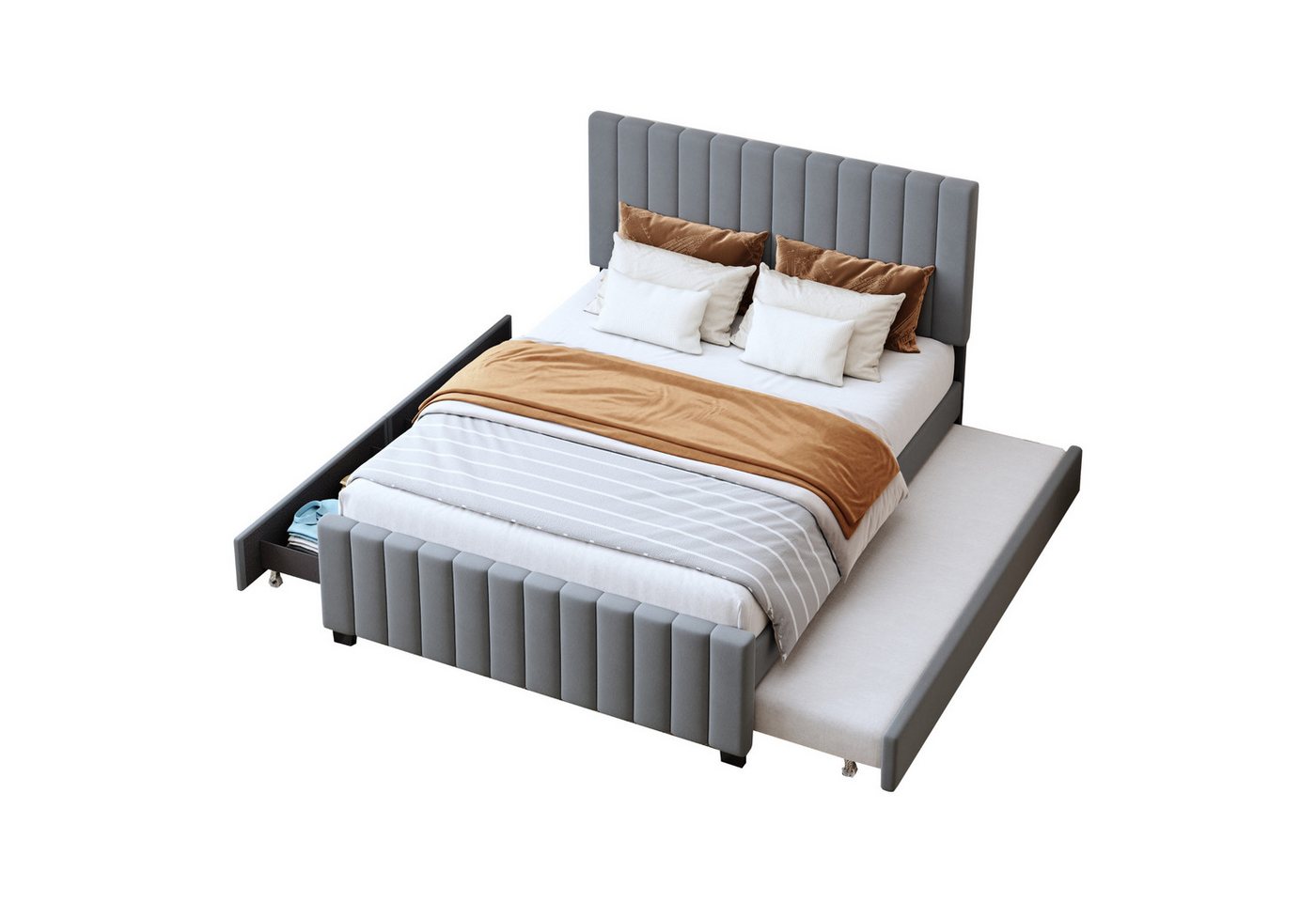 BlingBin Polsterbett mit 90 x 190 cm Ausziehbett, Funktionsbett, Doppelbett (1er Set, 1-tlg., Kinderbett Jugendbett Gästebett, 140 x 190 cm), mit zwei Schubladen, flaches Doppelbett in hautfreundlichem Samtstoff von BlingBin