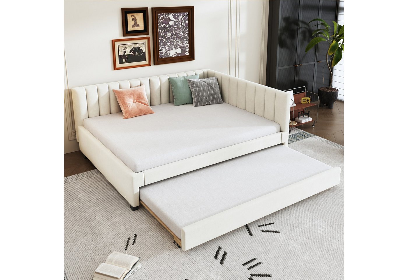 BlingBin Polsterbett mit Ausziehbares Schlafsofa, Daybett, Einzelbett (1er Set, 1-tlg., Multifunktionsbett mit Lattenrost, 140x200 cm), Jugendbetten Kinderbetten Gästebetten, Samtstoff, Beige von BlingBin