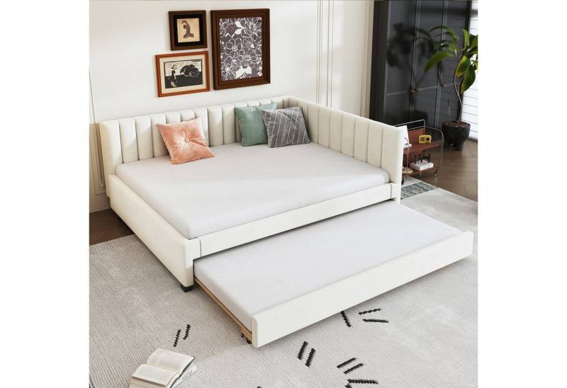 BlingBin Polsterbett mit Ausziehbares Schlafsofa, Daybett, Einzelbett (1er Set, 1-tlg., Multifunktionsbett mit Lattenrost, 140x200 cm), Jugendbetten Kinderbetten Gästebetten, Samtstoff, Beige von BlingBin