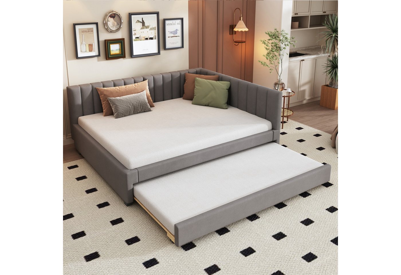 BlingBin Polsterbett mit Ausziehbares Schlafsofa, Daybett, Einzelbett (1er Set, 1-tlg., Multifunktionsbett mit Lattenrost, 140x200 cm), Jugendbetten Kinderbetten Gästebetten, Samtstoff, Grau von BlingBin
