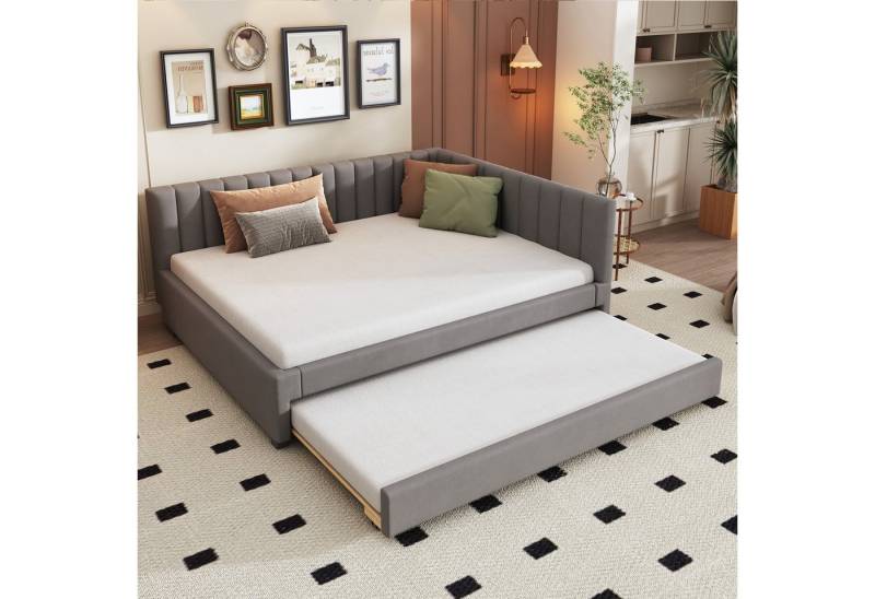 BlingBin Polsterbett mit Ausziehbares Schlafsofa, Daybett, Einzelbett (1er Set, 1-tlg., Multifunktionsbett mit Lattenrost, 140x200 cm), Jugendbetten Kinderbetten Gästebetten, Samtstoff, Grau von BlingBin