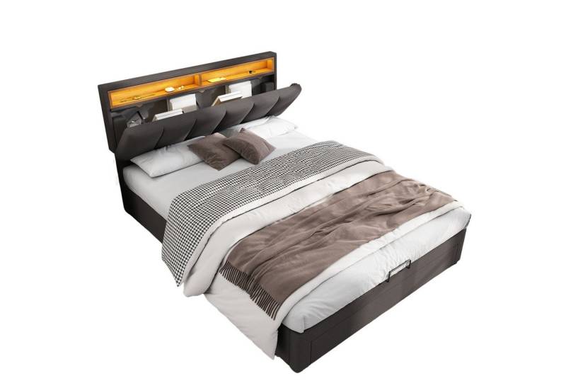 BlingBin Polsterbett mit LED-Beleuchtung, Doppelbett, Jugendbett (1er Set, 1-tlg., Hydraulisch Stauraumbett mit Bettkasten,Schubladen und Staufächer), Verstaubares Kopfteil aus Schaum, Leinen,140x190 cm,grau von BlingBin