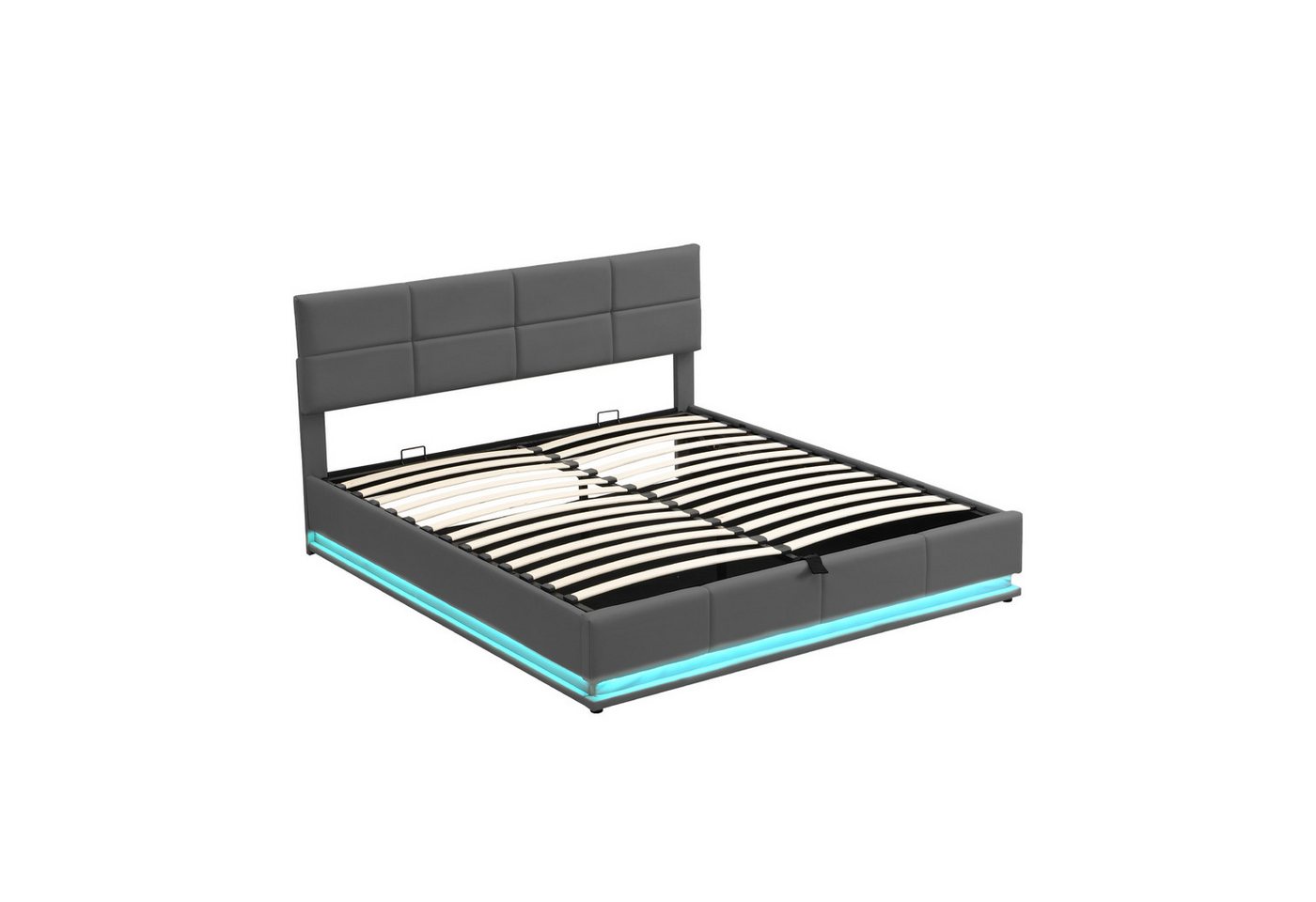 BlingBin Polsterbett mit LED Beleuchtung & Hydraulisch Anhebbarer Bettstauraum, Doppelbett (1-tlg., Doppelbett Erwachsenen Jugendbett), Bettkasten & Lattenrost Bezug aus Kunstleder, Grau von BlingBin