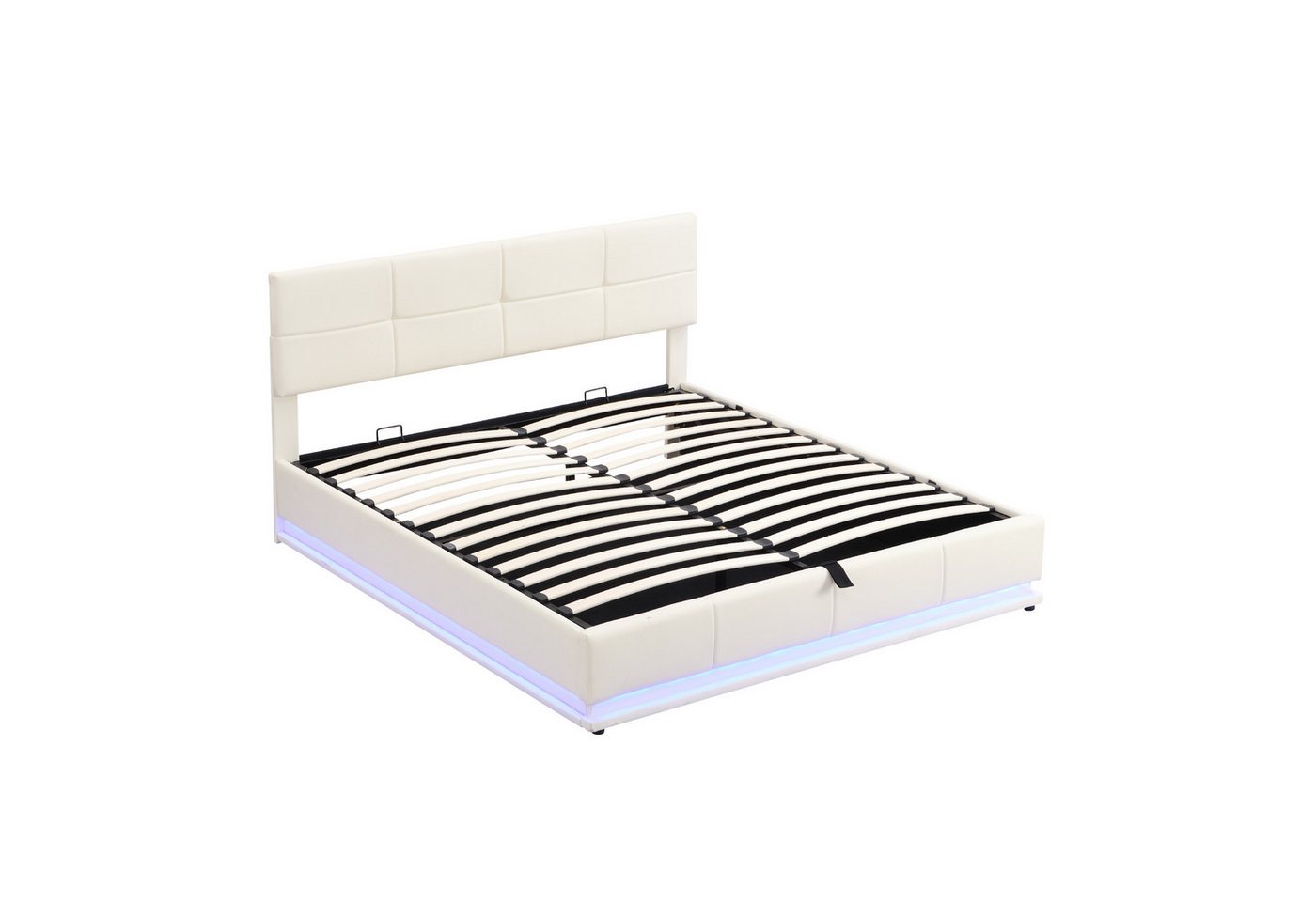 BlingBin Polsterbett mit LED Beleuchtung & Hydraulisch Anhebbarer Bettstauraum, Doppelbett (1er Set, 1-tlg., Doppelbett Erwachsenen Jugendbett, 180x200 cm), Bettkasten & Lattenrost Bezug aus Kunstleder, Beige von BlingBin
