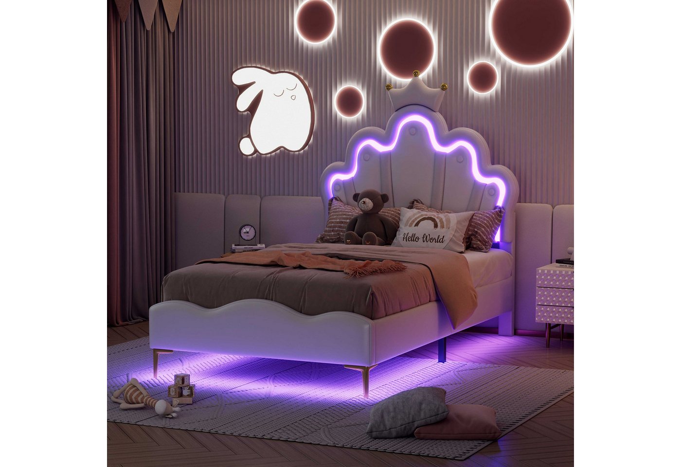 BlingBin Prinzessinbett Kinderbett Einzelbett (1-tlg., mit kronenförmigem Kopfteil, LED-Ambiente-Beleuchtung), weiche PU-Leder-Polsterung, inkl. Lattenrost, 150 kg Tragkraft von BlingBin
