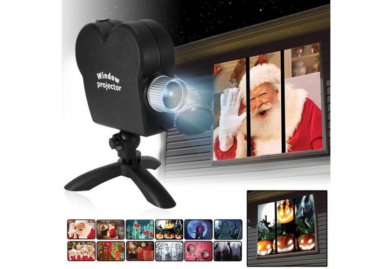 BlingBin Projektionslampe Halloween & Weihnachts Projektionslampe mit 12 Filmen, Enthält 12 integrierte Filme (6× Weihnachten, 6× Halloween), LED fest integriert, Enthält 12 integrierte Filme (6× Weihnachten, 6× Halloween) von BlingBin