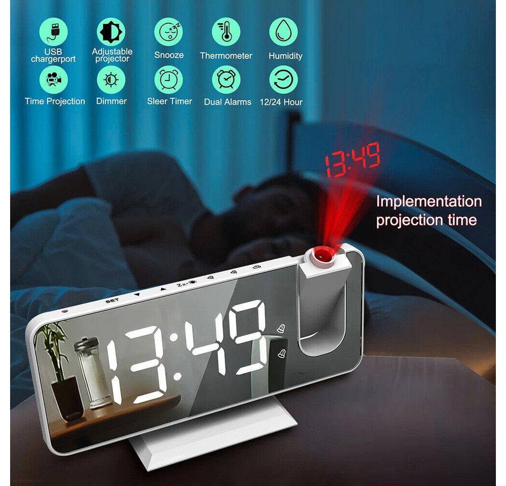 BlingBin Radiowecker mit Projektion Digital Dimmbar Tischuhr Dual Alarm Projektionswecker 12 / 24H USB-Anschluss von BlingBin