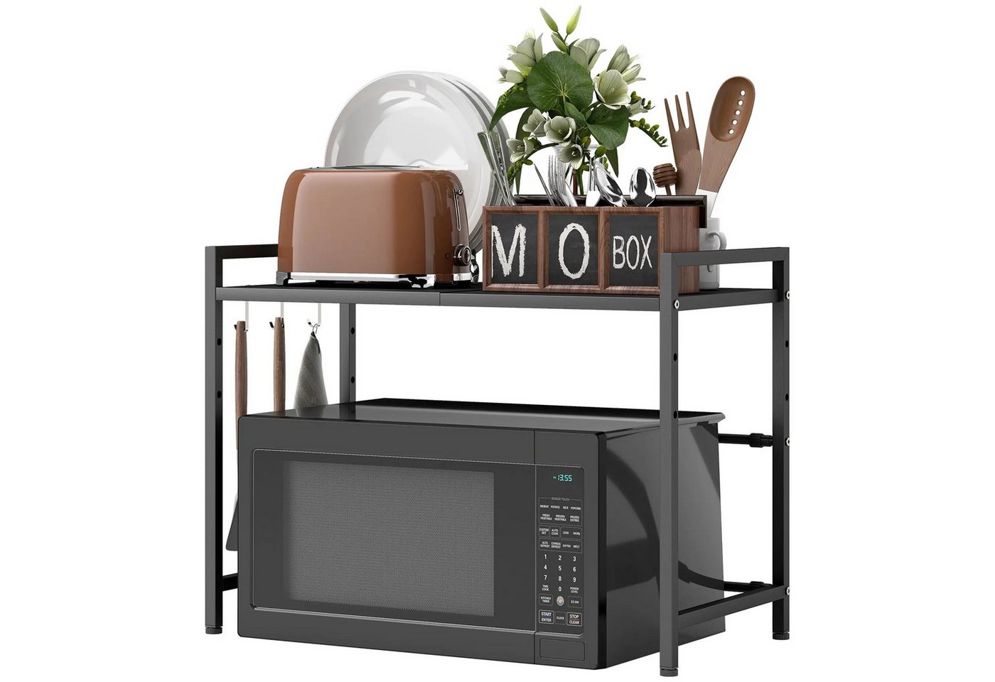 BlingBin Regalelement 2-Stufig Erweiterbares Küchen Mikrowelle Ständer Regal mit 3 Haken, 1er Set 1-tlg., Mikrowellenhalter aus Metallmaterialien,Küchenaufbewahrung Organizer von BlingBin