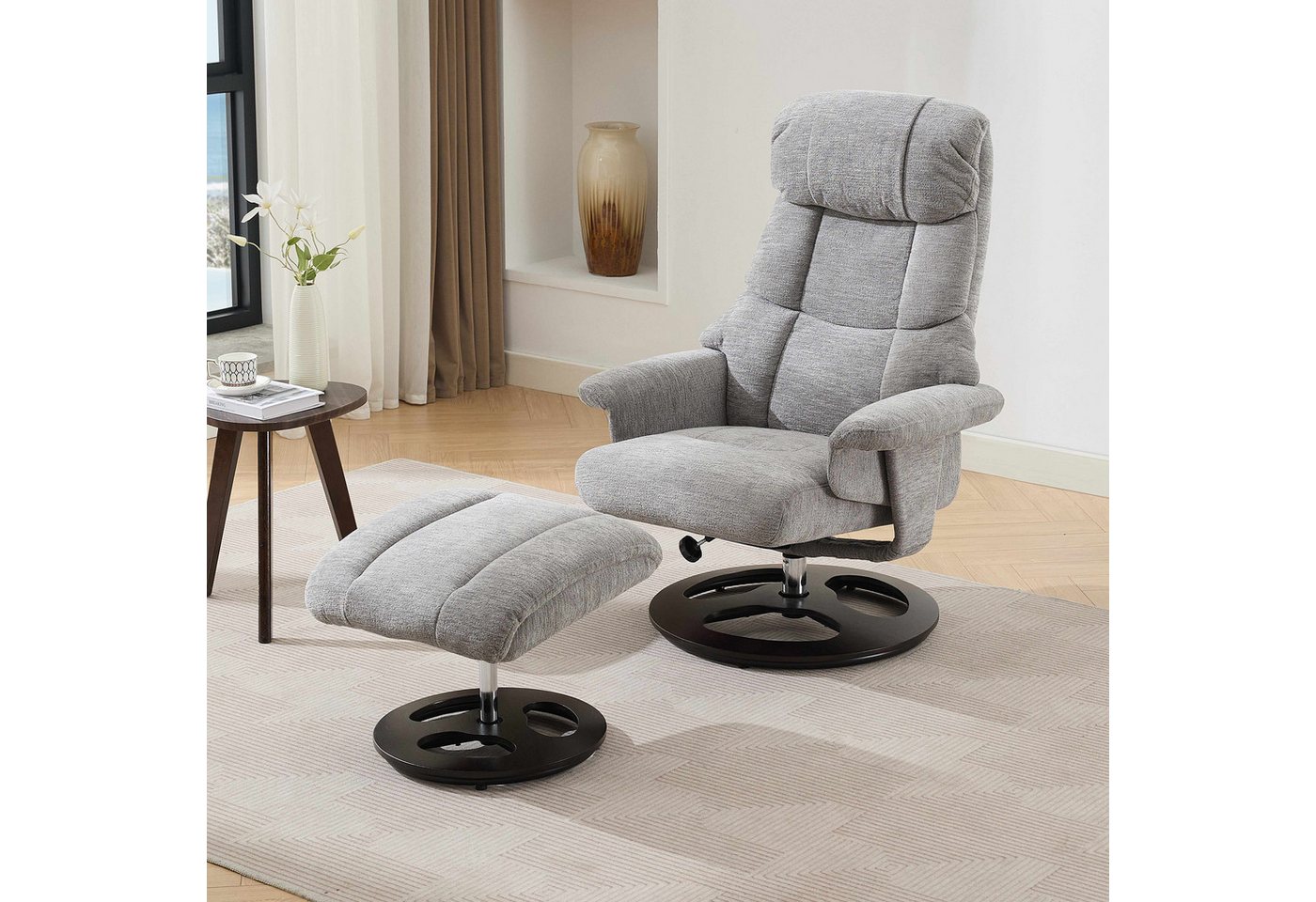 BlingBin Relaxsessel (1-St., mit Massivholzsockel, 5-Punkt-Massage & Heizfunktion), 140° verstellbarer Rückenlehne, 360°-Drehung, Fußhocker von BlingBin