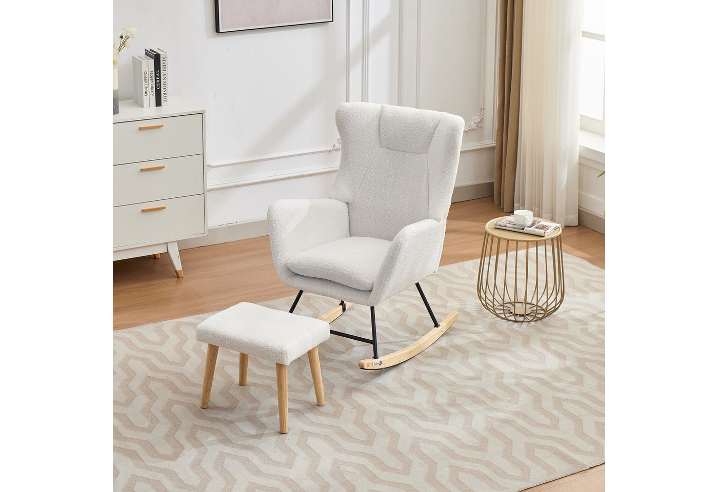 BlingBin Schaukelstuhl Relaxsessel (mit Hoher Rückenlehne,Fußstütze, Gepolsterter,Abnehmbares Kissen, 1 St), 98x69x87cm,weiß,der um 30 Grad schaukeln kann von BlingBin