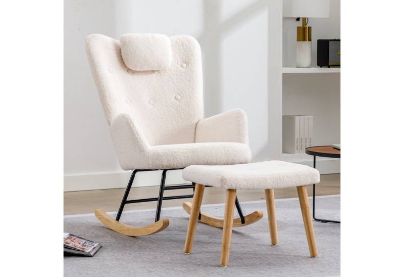 BlingBin Schaukelstuhl Weicher Teddyplüsch-Schaukelsessel Stillsessel Relaxsessel Swingsessel (Ruhestuhl mit Kopfstütze und Fußstütze, Polsterstuhl aus Stoff, Schwämme und Massivholz, 1 St), Lounge-Sessel für Wohnzimmer, Belastbarkeit bis 100 kg, 65*82*94cm von BlingBin