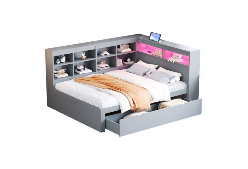 BlingBin Schlafsofa 140x200cm Daybett Kinderbett Jugendbett mit USB-Steckdose & LED-Licht, 1er Set 1 Teile, mit Einlegeböden und Ablagefächern,multifunktionales Doppel-Holzbett von BlingBin