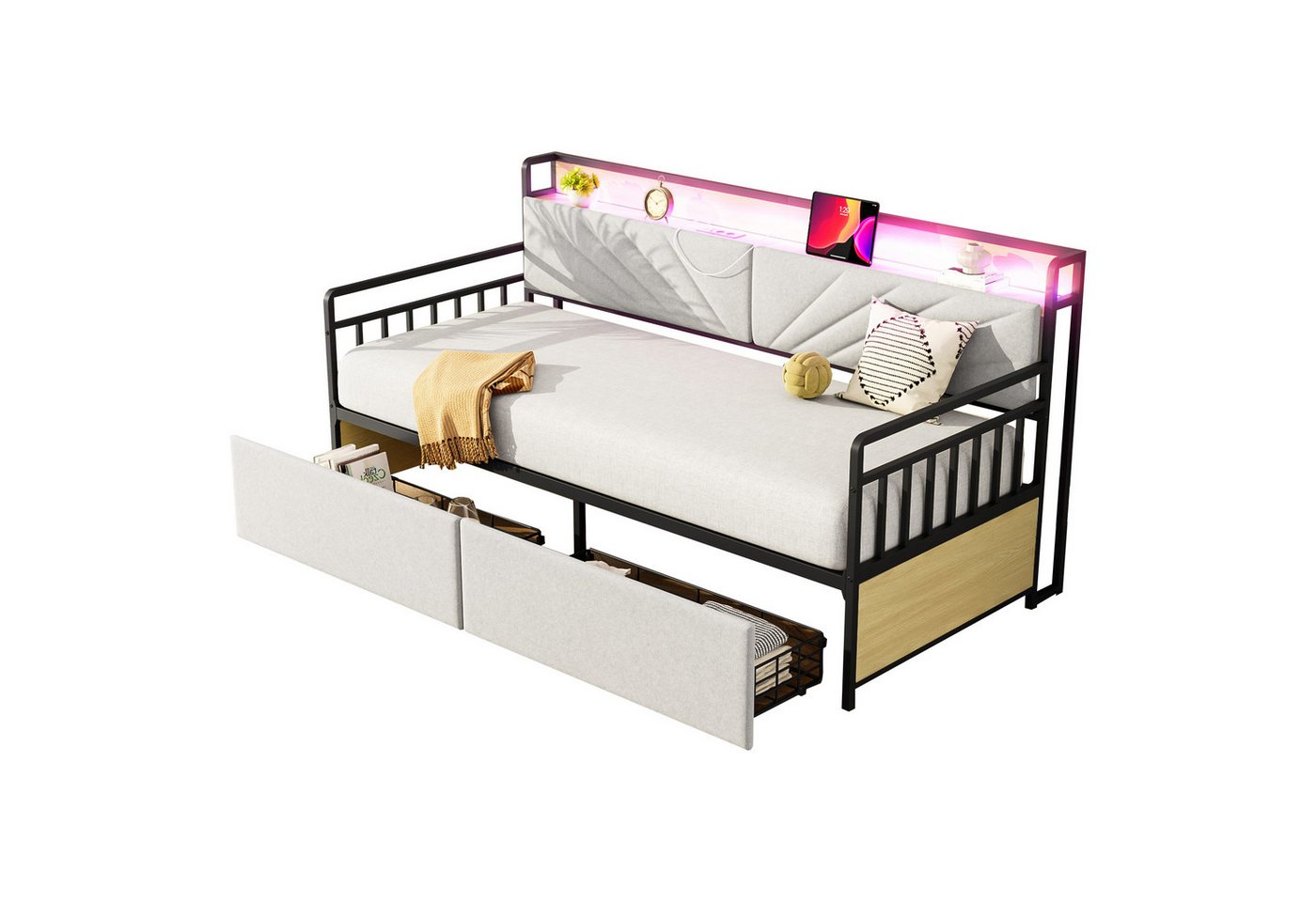 BlingBin Schlafsofa Eisenbettsofa Einzelbett Stauraumbett Jugendbett mit LED-Beleuchtung, Metallgestell mit Ablagen, 2 Schubladen und Multifunktionssteckdosen, 90*200 cm, Ohne Matratze, Belastbarkeit maximal: 120KG 1 Teile, Metallbett aus Eisen, Sperrholz + MDF für Wohnzimmer, Beige BlingBin Schlafsofa Eisenbettsofa Einzelbett Stauraumbett Jugendbett mit LED-Beleuchtung, Metallgestell mit Ablagen, 2 Schubladen und Multifunktionssteckdosen, 90*200 cm, Ohne Matratze, Belastbarkeit maximal: 120KG 1 Teile, Metallbett aus Eisen, Sperrholz + MDF für Wohnzimmer, Beige von BlingBin