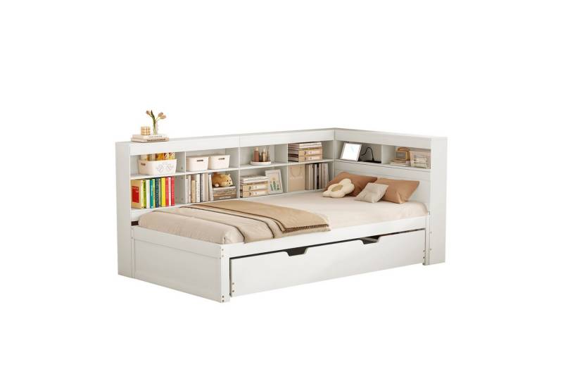 BlingBin Schlafsofa Jugendbett Tagesbett Massivholzbett, 1er Set 1 Teile, mit USB-Steckdose und mehreren Ablagefächern, Holz-Multifunktionsbett von BlingBin