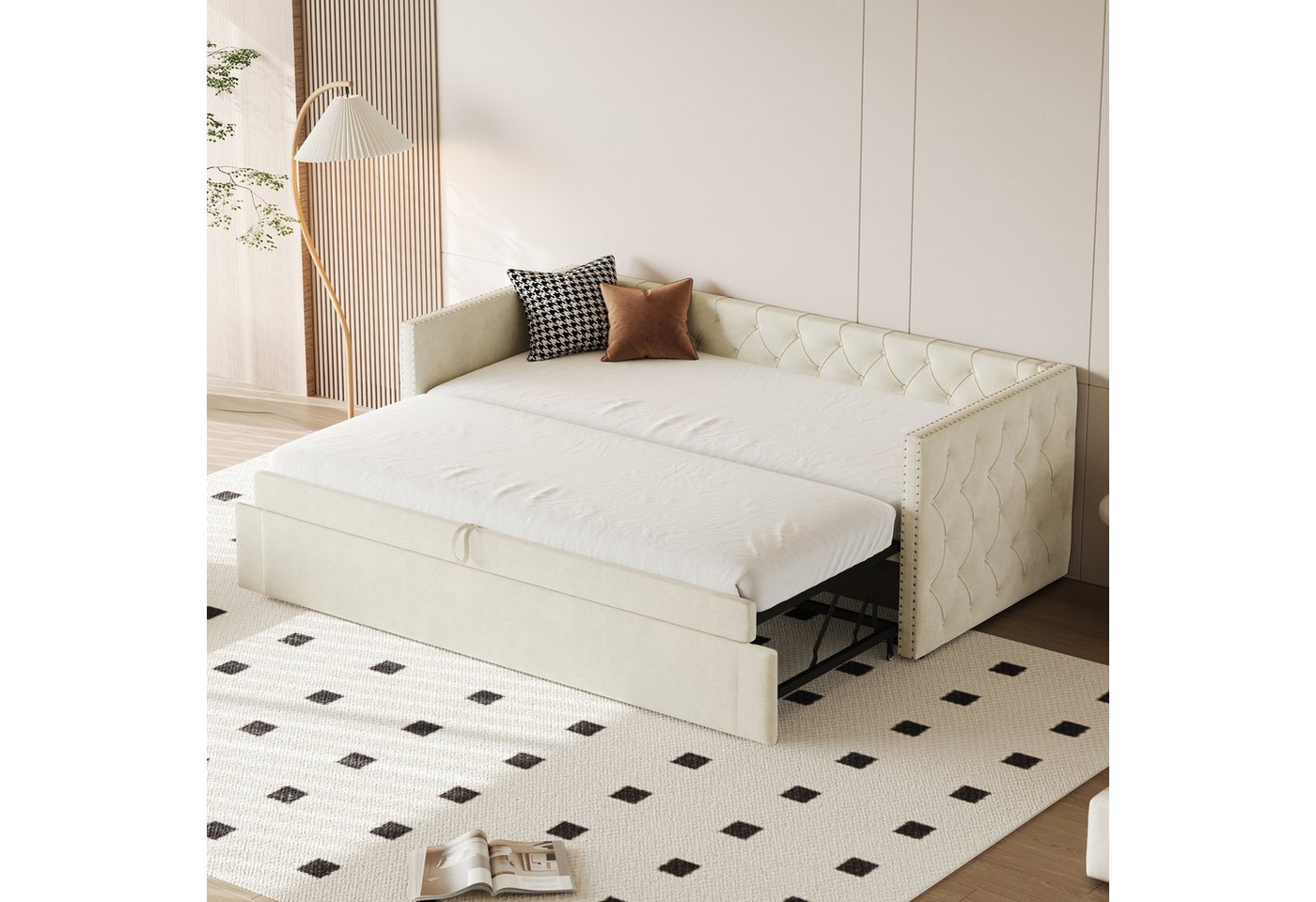 BlingBin Schlafsofa Polsterbett, Ausziehbares Schlafsofa, Einzelbett, Jugendbett, 90x200cm, 1er Set 1 Teile, Multifunktionales Bett-Gästebett, Hautfreundlicher Samtstoff, Beige von BlingBin