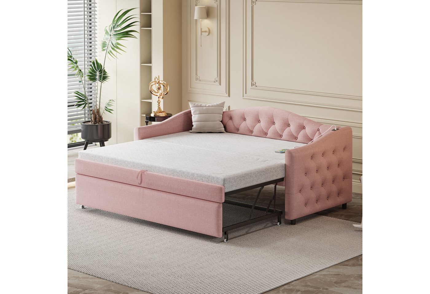 BlingBin Schlafsofa Polsterbett, Ausziehbares Schlafsofa, Einzelbett, Jugendbett, 90x200cm, 1er Set 1 Teile, Multifunktionsbett - Gästebett, Leinenstoff, Rosa von BlingBin