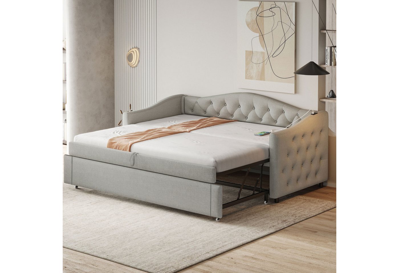 BlingBin Schlafsofa Polsterbett, Ausziehbares Schlafsofa, Einzelbett, Jugendbett, 90x200cm, 1er Set 1 Teile, Multifunktionsbett - Gästebett, Leinenstoff, Rosa von BlingBin