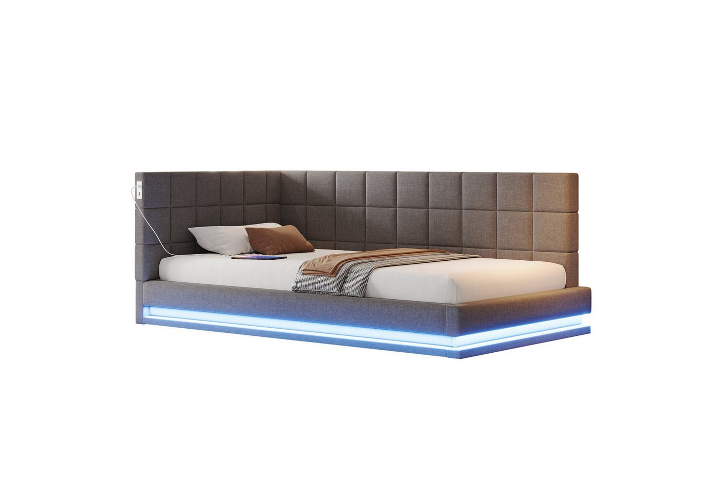 BlingBin Schlafsofa Polsterbett, Funktionsbett, Jugendbett 1 Teile, mit LED Lichtleiste, USB Steckdose und Lattenrost, Samtstoff von BlingBin