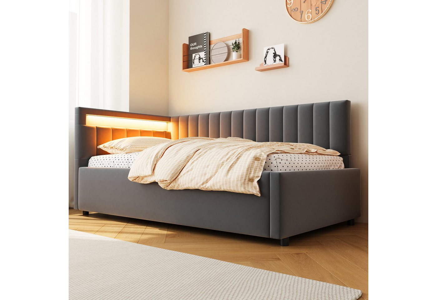 BlingBin Schlafsofa Polsterbett 90x200cm, Hydraulikbett, Lattenrost, Samtstoff, Daybett 1 Teile, Seitliche Kopfteile mit austauschbaren Positionen, Ohne Matratze von BlingBin