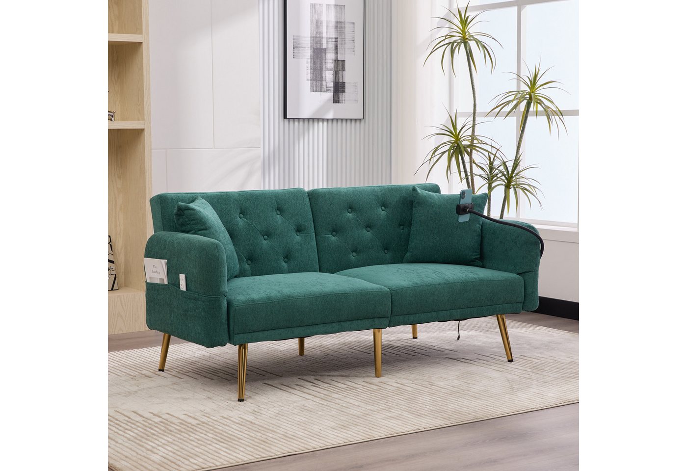 BlingBin Schlafsofa Sofabett 2-Sitzer-Schlafsofa mit 3-fach verstellbarer Rückenlehne, Sofa 1 Teile, mit zwei USB-Anschlüsse, Handyhalter, Seitentasche, Metallbeinen von BlingBin