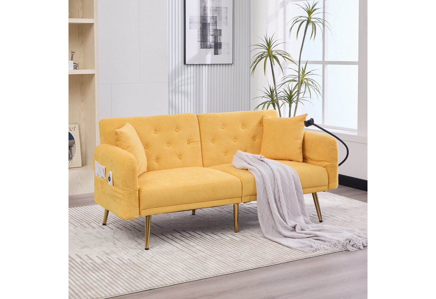 BlingBin Schlafsofa Sofabett 2-Sitzer-Schlafsofa mit 3-fach verstellbarer Rückenlehne, Sofa 1 Teile, mit zwei USB-Anschlüsse, Handyhalter, Seitentasche, Metallbeinen von BlingBin