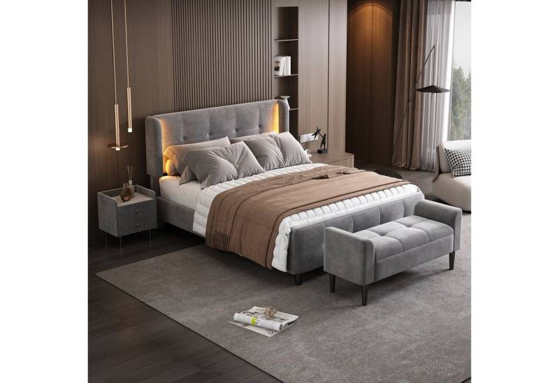 BlingBin Schlafzimmer-Set Komplettschlafzimmer Set, Doppelbett mit 16-Farbiger LED-Leisten, (Lieferumfang: Polsterbett*1, Nachttisch*1 und Betthocker*1, 140x200cm, Ohne Matratze, Tragfähigkeit: 200KG), Nachttisch mit 2 Schubladen, Höhenverstellbares Kopfteil, Samt, Grau von BlingBin