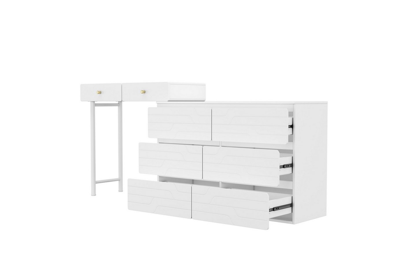 BlingBin Schminktisch Aufbewahrungsschrank mit Ausziehbare Seitenschränke, 180*40*85cm (1er Set, 1-St., Enthält 3 Ebenen und 8 Schubladen, ohne Stühle und Spiegel), Kommode, Praktischer Schminktisch für Schlafzimmer, Weiß von BlingBin