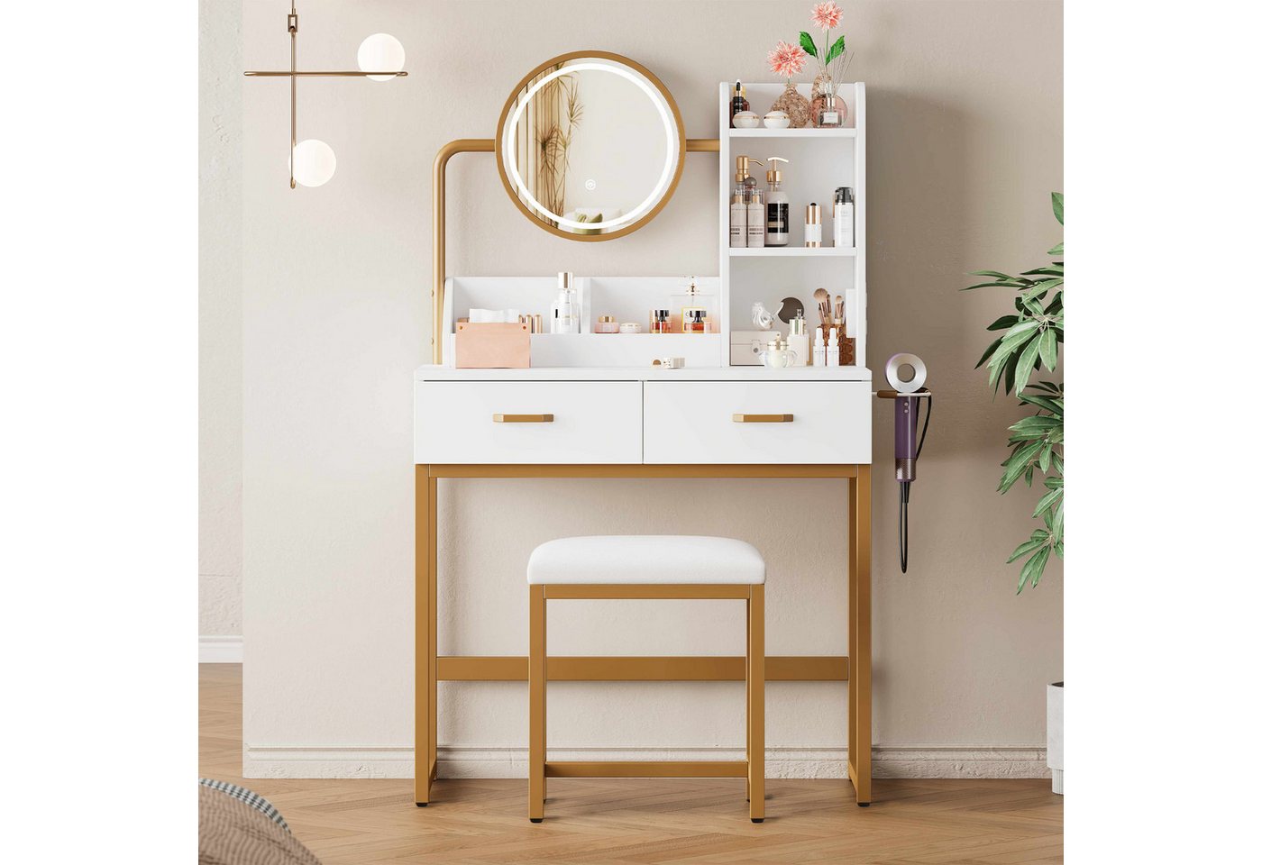BlingBin Schminktisch Frisierkommode Kosmetiktisch (1-St., mit LED-Beleuchtung, drehbarem Spiegel & Steckdosen,2 Schubladen), inkl. Hocker & Metallbeinen,weiß, 80×138,5×40 cm von BlingBin