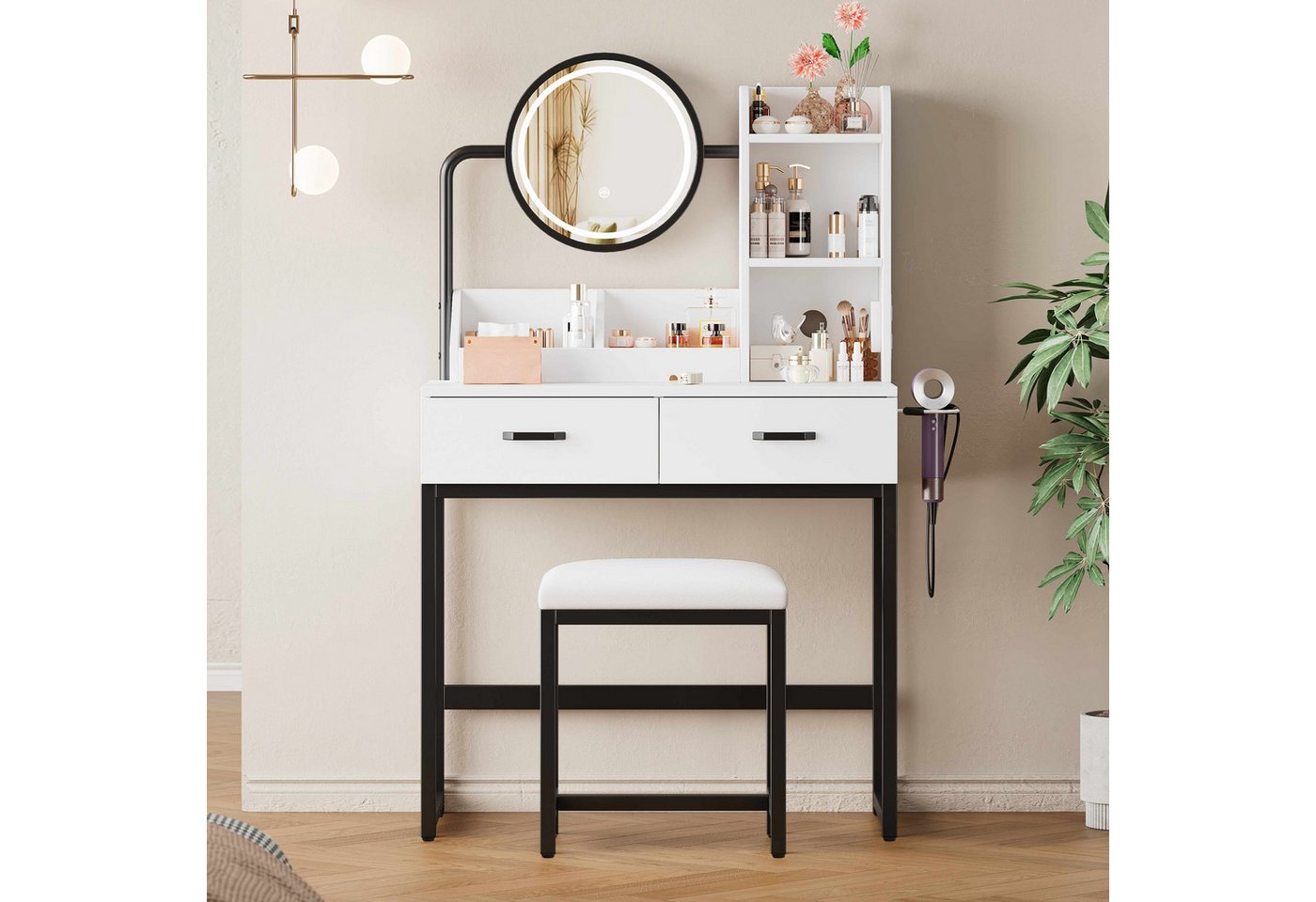 BlingBin Schminktisch Frisierkommode Kosmetiktisch (1-St., mit LED-Beleuchtung, drehbarem Spiegel & Steckdosen,2 Schubladen), inkl. Hocker & Metallbeinen,weiß, 80×138,5×40 cm von BlingBin