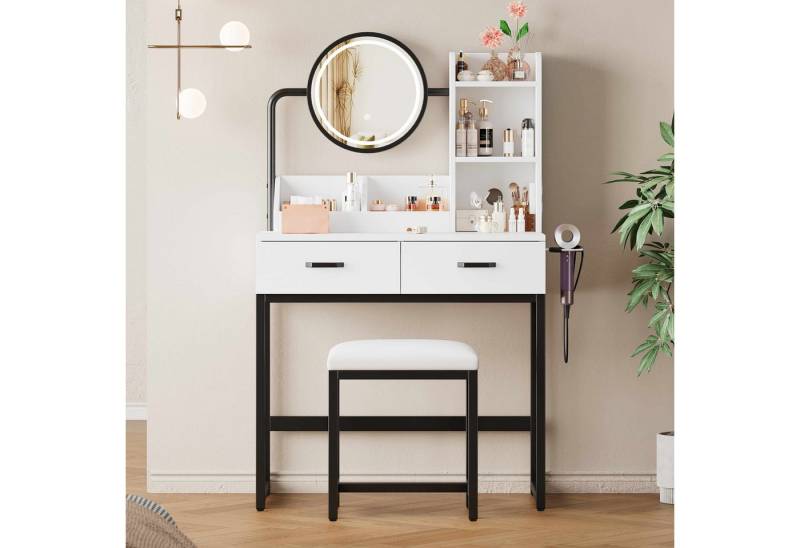 BlingBin Schminktisch Frisierkommode Kosmetiktisch (1-St., mit LED-Beleuchtung, drehbarem Spiegel & Steckdosen,2 Schubladen), inkl. Hocker & Metallbeinen,weiß, 80×138,5×40 cm von BlingBin