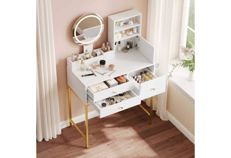 BlingBin Schminktisch Frisiertisch Kosmetiktisch (Visualisierung des Stauraums auf dem Schreibtisch, 1-St., mit LED-Beleuchtung (3 Farbtemperaturen) 3 Schubladen,Türn,Spiegel), Weiß+Gold,80×134×40cm von BlingBin