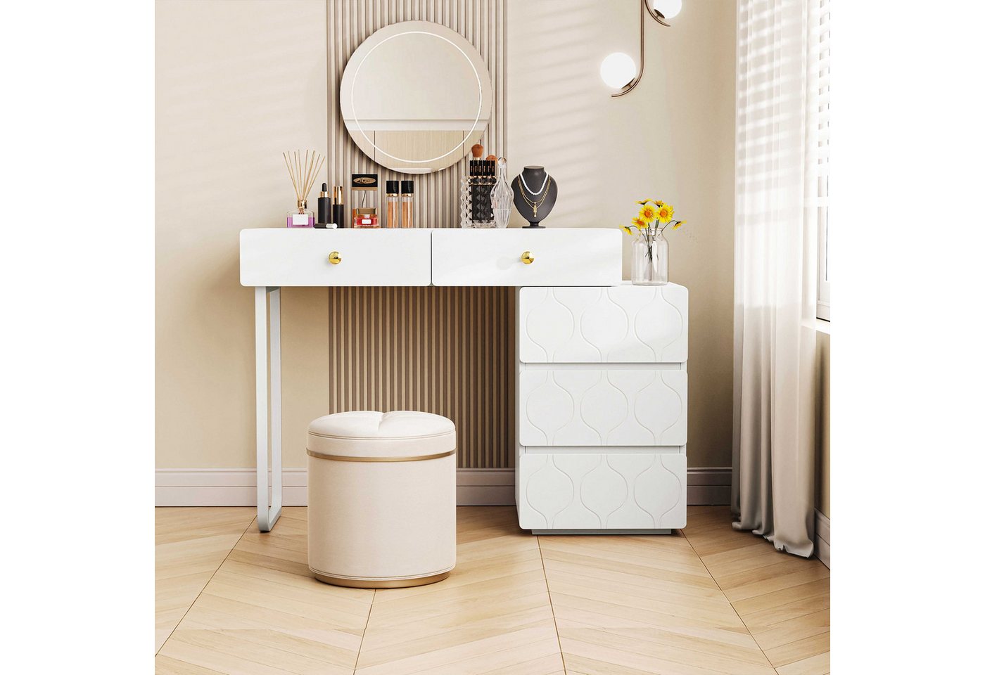 BlingBin Schminktisch Kommode Frisierkommode Kosmetiktisch (1-St., mit 5 Schubladen, ohne Spiegel und Hocker, Wellenmuster), Schrank und Beine austauschbar, 90x 40 x 73.5 cm,weiß von BlingBin