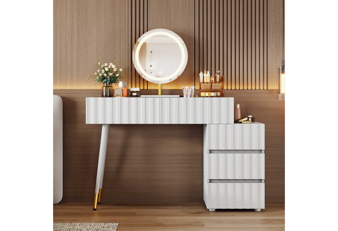 BlingBin Schminktisch Kosmetiktisch Frisiertisch (mit LED-Spiegel,  5 Schubladen , 100×127×40 cm (ohne Hocker), für Schlafzimmer, Für Erwachsene und Jugendliche, Mit Kippsicherung von BlingBin