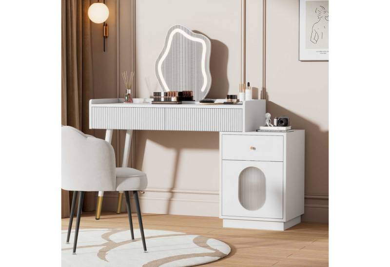 BlingBin Schminktisch Kosmetiktisch Frisiertisch (mit LED-Spiegel, drei geräumigen Schubladen und einer Tür), Weiß,für Schlafzimmer,100×75×40 cm(ohne Hocker) von BlingBin