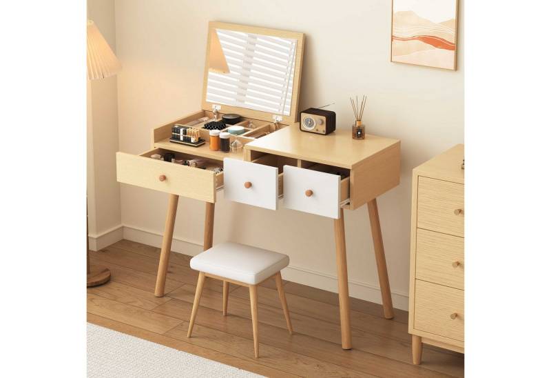 BlingBin Schminktisch Kosmetiktisch Mit Spiegel (1-St., Mit drei Schubladen, geteilter Stauraum), Maße:B100/H78/T40 cm(ohne Hocker) von BlingBin