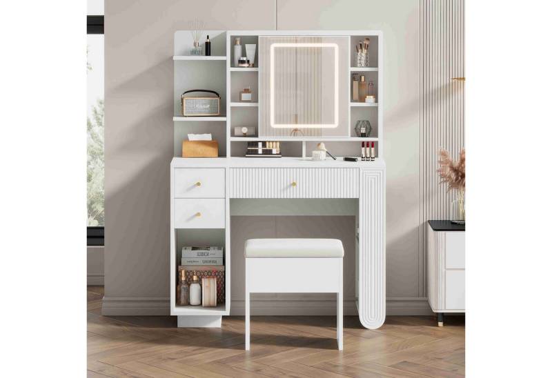 BlingBin Schminktisch Vielseitiger Stauraum Beleuchtungstisch Modernem Minimalismus (1-St., mit 17 Stauräume B100/D40/H138cm), Seitliche Ablagefächer Weiß Spanplatte Verstellbare Beleuchtung von BlingBin