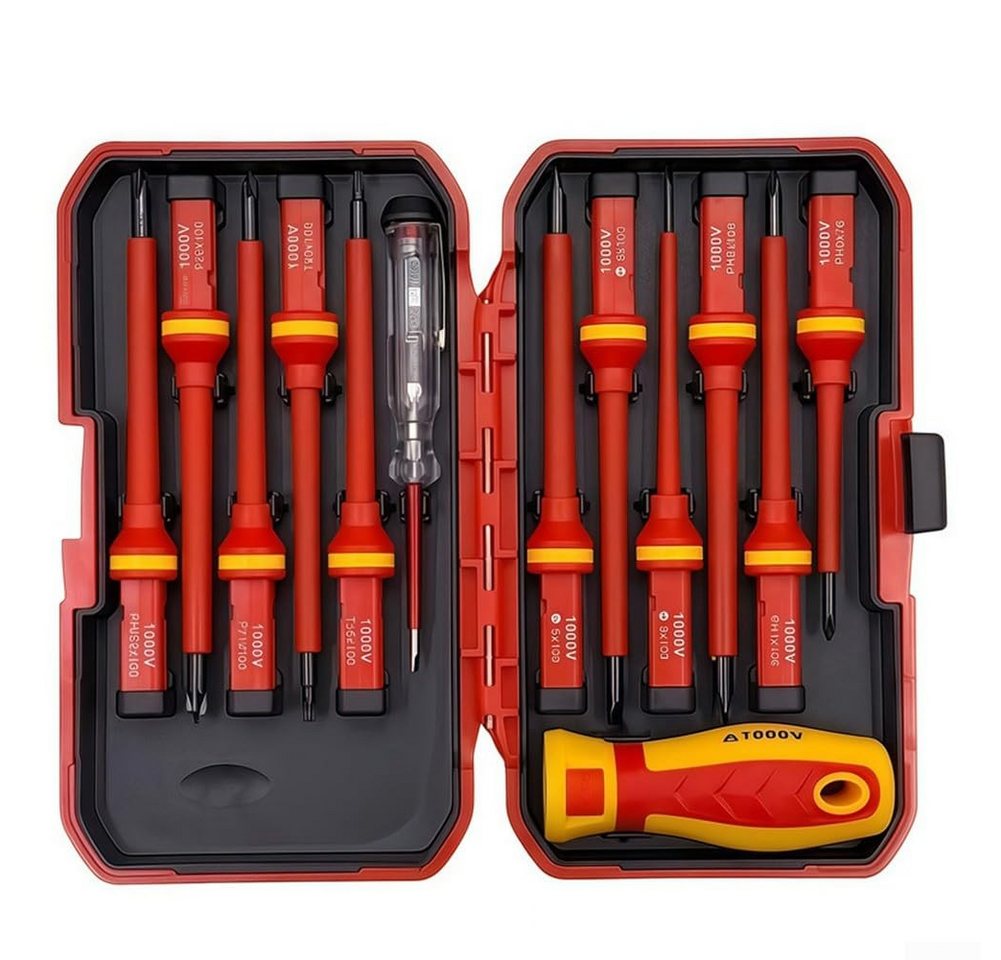 BlingBin Schraubendreher 13 Stücke VDE Isolierte Schraubendreher Set, Mit Spannungsprüfer, (1er Set, 1 St., 13pcs Schraubendreherköpfen), für Spannungen bis 1000V, Schraubendreher Köpfen, Flachen Kreuzschlitz von BlingBin