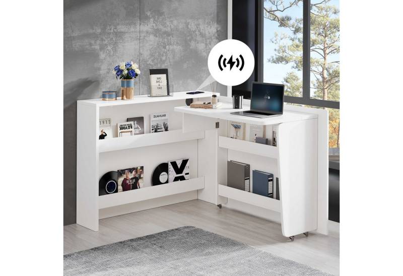 BlingBin Schreibtisch Eckschreibtisch (1-St., Klappbarer Schreibtisch mit Rollen, 2-in-1 Sideboard-Funktion), integriertes Wireless Charging, Regalfächer, Anti-Kipp-Sicherung von BlingBin