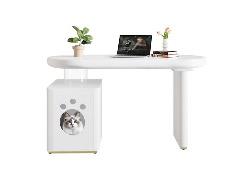 BlingBin Schreibtisch Moderner Computertisch Bürotisch Beistelltisch Kinderschreibtisch (Aufbewahrungstisch mit Haustierbett und Verdickte Tischplatte und Beine, Abgerundete Kurven, Voll-Lackierung, 1-St., Größe des Produkts: 117×50×76 cm, Gewichtskapazität: 50KG), Laptoptisch für Arbeitszimmer, MDF, Weiß, Haustiergrößen M–XL von BlingBin