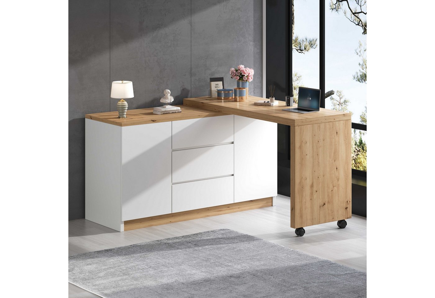BlingBin Schreibtisch Schreibtisch Eckschreibtisch Sideboard (1-St., mit feststellbaren Rollen,3 Schubladen,2 Türen), 120×50×76.5 cm,4 cm dickere, drehbare Tischplatte von BlingBin