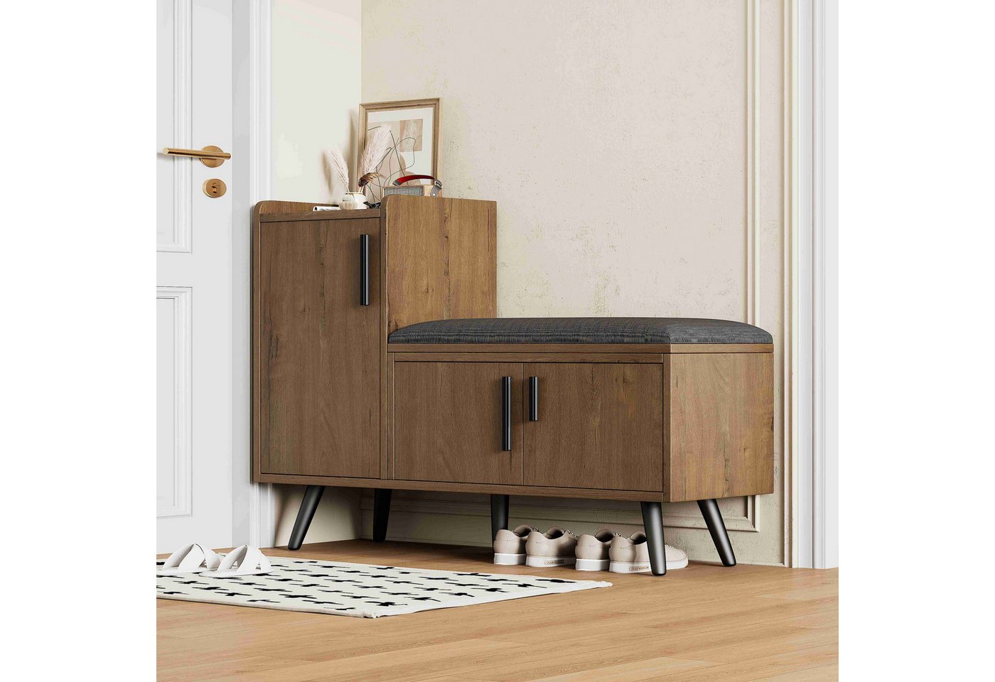 BlingBin Schuhbank L-förmiger Schuhschrank (1-St., mit drei Stauraumtüren W100/D34/H69cm Spanplatte +Metall), AsymmetrischesDesign GepolsterteSitzfläche Natural color von BlingBin