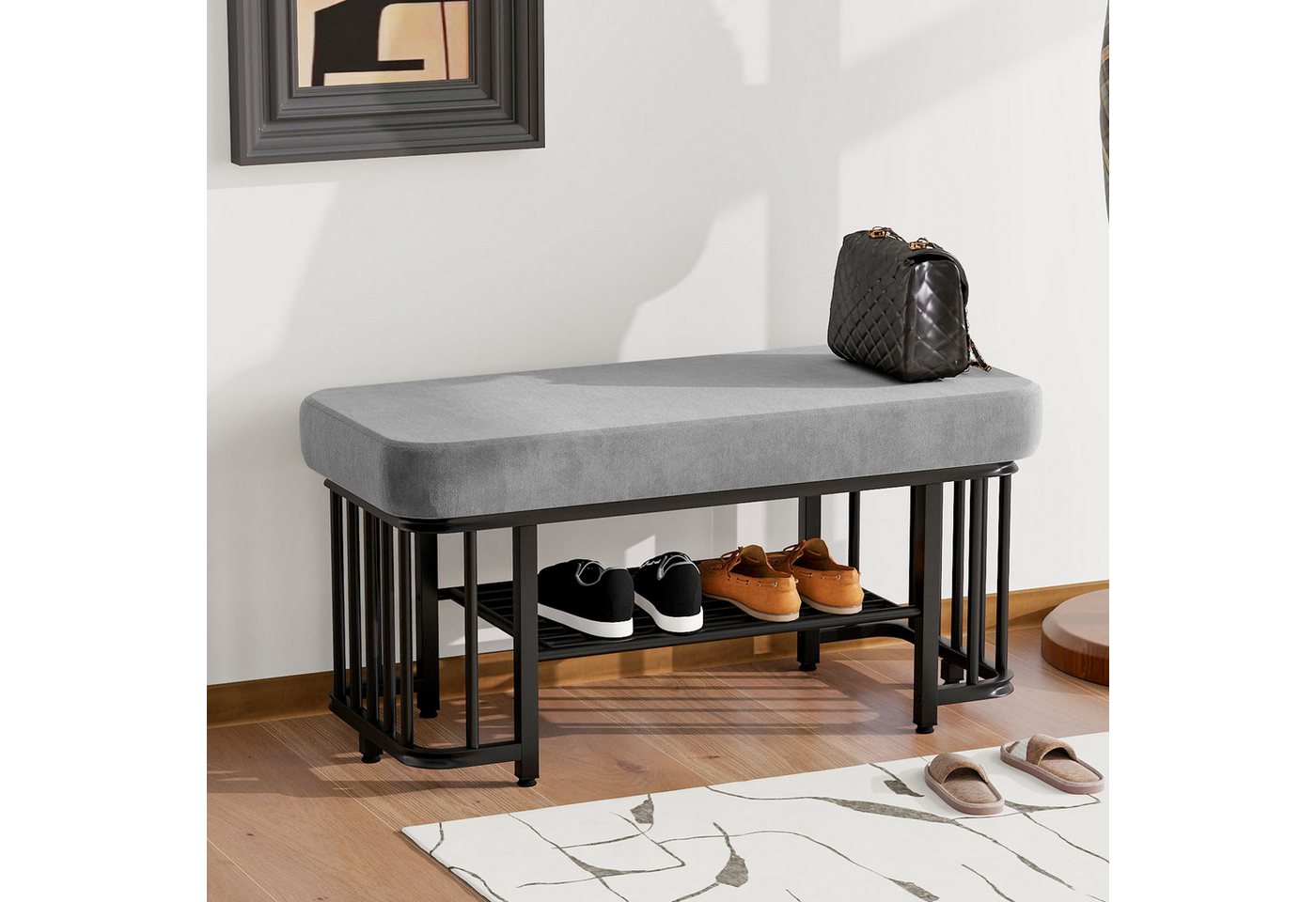BlingBin Schuhbank Moderne Schuhbank, Platzsparende Flurbank Truhenbank Sitzbank (Schuhwechselbank mit Sitzfläche aus Samt und Stabilem Metallgestell, Verstellbaren Füßen, 1-St., Gesamtabmessungen: 80 x 35 x 39,5cm, Produktbeladung: 100kg), Ideal für Flur Schlafzimmer und kleine Wohnungen, Grau & Schwarz BlingBin Schuhbank Moderne Schuhbank, Platzsparende Flurbank Truhenbank Sitzbank (Schuhwechselbank mit Sitzfläche aus Samt und Stabilem Metallgestell, Verstellbaren Füßen, 1-St., Gesamtabmessungen: 80 x 35 x 39,5cm, Produktbeladung: 100kg), Ideal für Flur Schlafzimmer und kleine Wohnungen, Grau & Schwarz von BlingBin