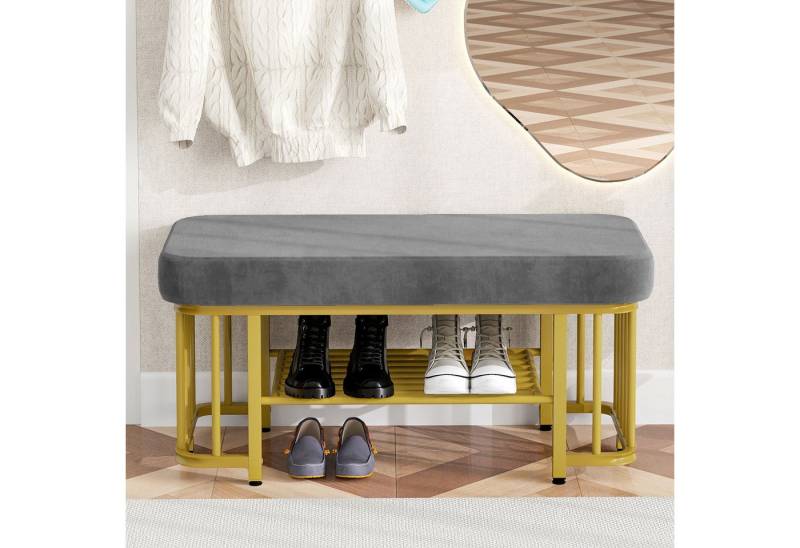 BlingBin Schuhbank Moderne Schuhbank, Platzsparende Flurbank Truhenbank Sitzbank (Schuhwechselbank mit Sitzfläche aus Samt und Stabilem Metallgestell, Verstellbaren Füßen, 1-St., Gesamtabmessungen: 80 x 35 x 39,5cm, Produktbeladung: 100kg), Ideal für Flur Schlafzimmer und kleine Wohnungen, Grau & Gold von BlingBin