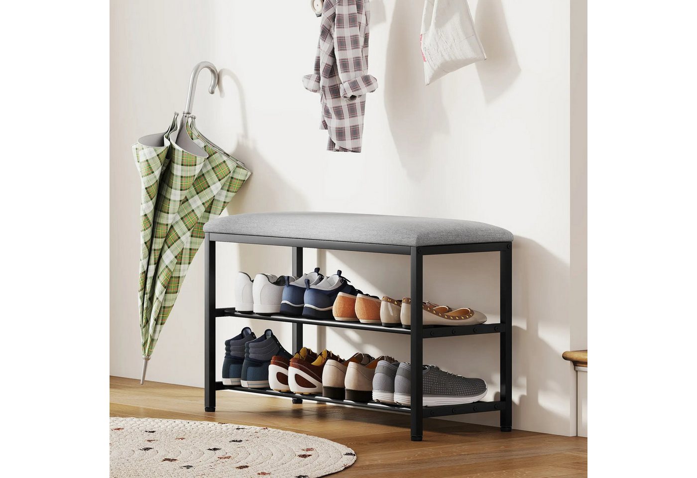 BlingBin Schuhbank Schuhregal mit Sitzfläche Sitzbank mit 2 offene Fächer (1er Set, 1-St., 81cm x 31cm x 50cm), gepolstert Flurbank für Eingangsbereich Wohnzimmer von BlingBin