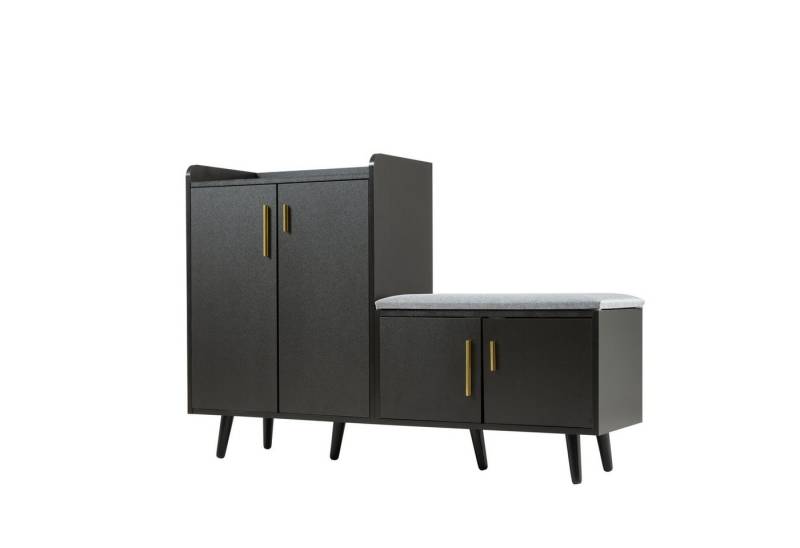 BlingBin Schuhbank Schuhschrank, Moderner Schuhbänke mit Schwarzwalnussholz (1er Set, 1-St., ausgestattet mit vier Aufbewahrungstüren, B120/D34/H82 cm), mit Sitzbank, verstellbare Böden, asymmetrischen Metallgriffen von BlingBin