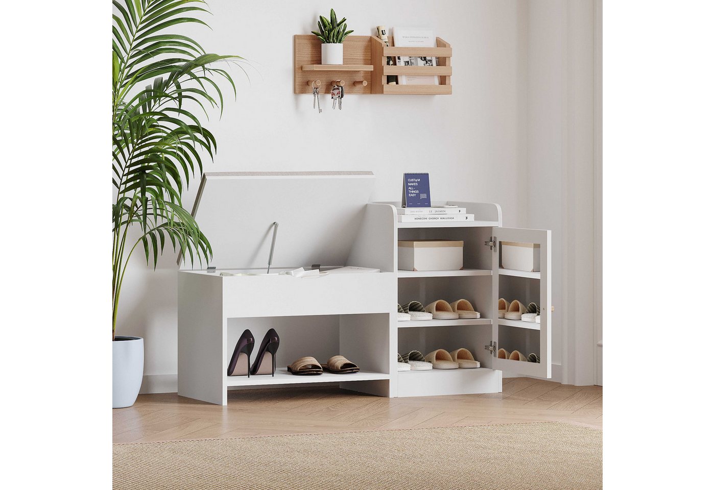 BlingBin Schuhbank Sitzbank Schuhregal (1-St., Maße: B100/H62.5/T38 cm, Mit Sitzpolster), Rundes Design für Stoß- und Kratzschutz, mit Spiegel von BlingBin