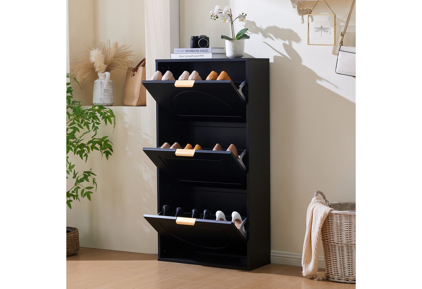 BlingBin Schuhkipper Schuhschrank mit 3 Klappen Schuhkommode Schuhkipper Schmal (1er Set, 1 St., 60×24×114 cm), Schuhschrank für Flur Wohnzimmer für 15 Paar Schuhe von BlingBin