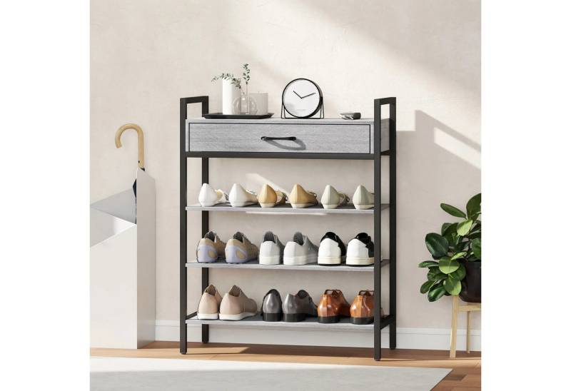 BlingBin Schuhregal 4-stufiges Schuhablage Schuhschrank mit Schublade, Maximale Belastung: 17 kg (gesamt), 5 kg (oben), 3 kg (Schublade/Regal) 1-tlg., Flurregal für bis zu 9 Paar Schuhe, Spanplatte, Metall, Grau von BlingBin