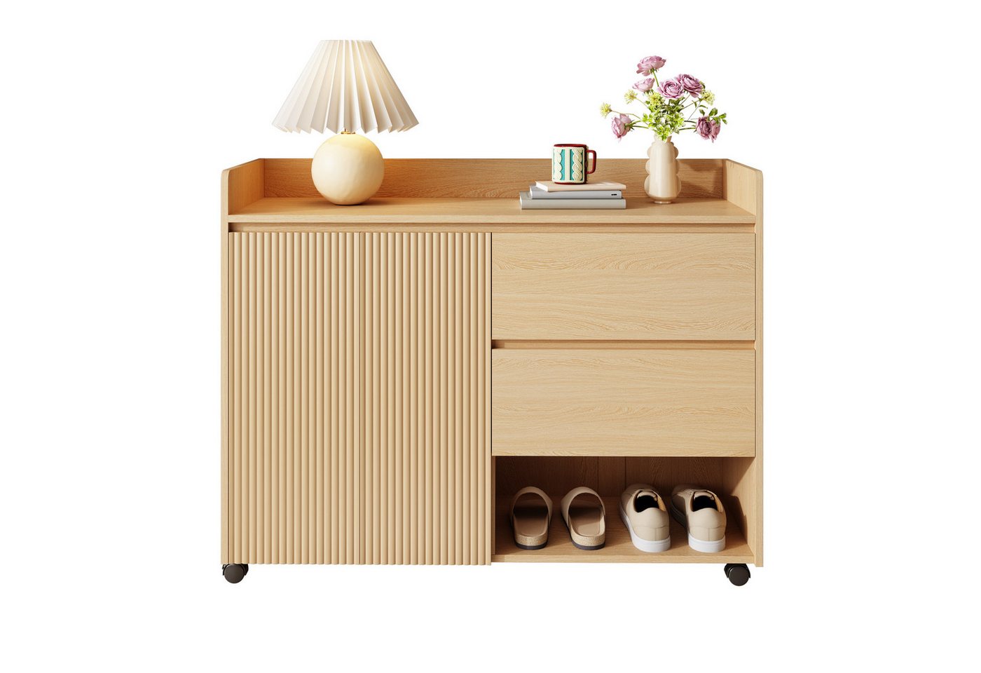 BlingBin Schuhschrank Beweglicher Schuhschrank, Schuhregal, Universalrad mit Bremse (Schuhaufbewahrung mit 2 Türen, 2 Schubladen und 1 Offenes Fach, Verstellbare Regale, Oberer Bogen, Dämpfungsscharnier, 1-St., Gesamtabmessungen: 110*35*86cm, Gewichtskapazität: 60kg) Schuhkommode für Wohnzimmer Schlafzimmer Flur, MDF, Natur BlingBin Schuhschrank Beweglicher Schuhschrank, Schuhregal, Universalrad mit Bremse (Schuhaufbewahrung mit 2 Türen, 2 Schubladen und 1 Offenes Fach, Verstellbare Regale, Oberer Bogen, Dämpfungsscharnier, 1-St., Gesamtabmessungen: 110*35*86cm, Gewichtskapazität: 60kg) Schuhkommode für Wohnzimmer Schlafzimmer Flur, MDF, Natur von BlingBin