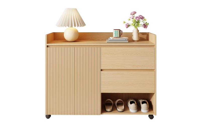 BlingBin Schuhschrank Beweglicher Schuhschrank, Schuhregal, Universalrad mit Bremse (Schuhaufbewahrung mit 2 Türen, 2 Schubladen und 1 Offenes Fach, Verstellbare Regale, Oberer Bogen, Dämpfungsscharnier, 1-St., Gesamtabmessungen: 110*35*86cm, Gewichtskapazität: 60kg) Schuhkommode für Wohnzimmer Schlafzimmer Flur, MDF, Natur von BlingBin